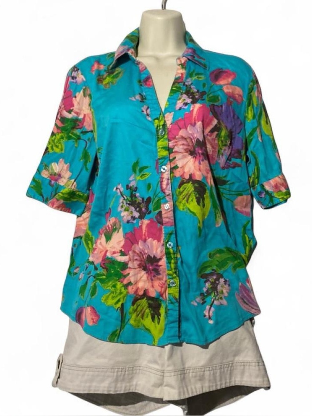 New York & Company Turquoise Floral Button-Front Blouse
